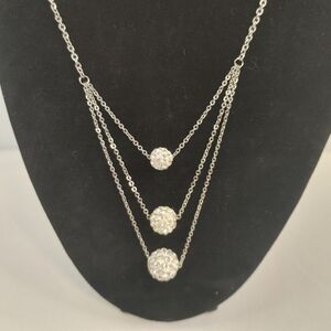 Silver Tone Triple Strand Rhinestone Ball Layered Necklace